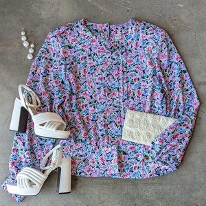 Vintage Andrea Gayle Blue Pink Purple Floral Satin Peplum Blouse size 10